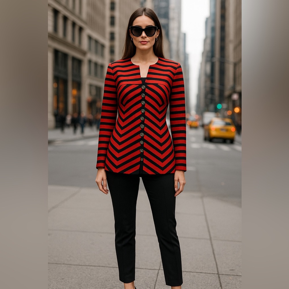 Vintage Louis Feraud Red Black Striped Blazer Jacket - Size 6 Made in Germany